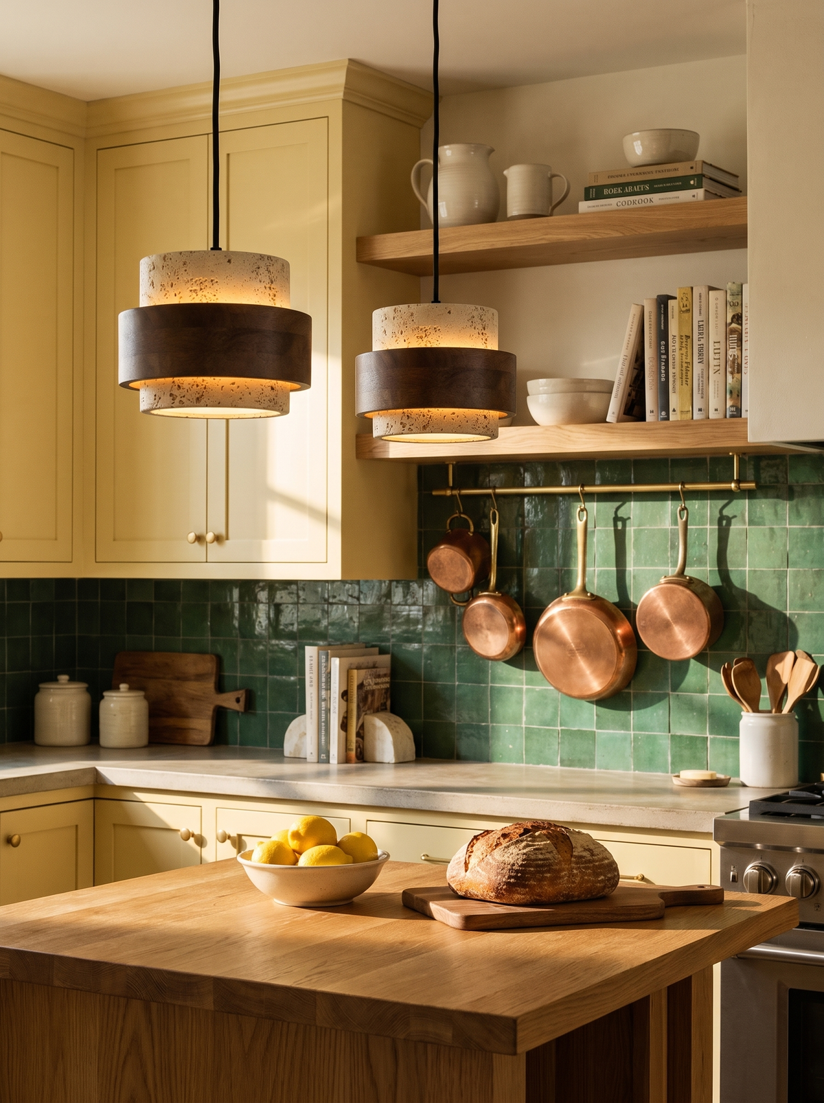 Lifestyle: pair of Rune pendants over a butcher-block island in a butter-yellow kitchen with green zellige tile