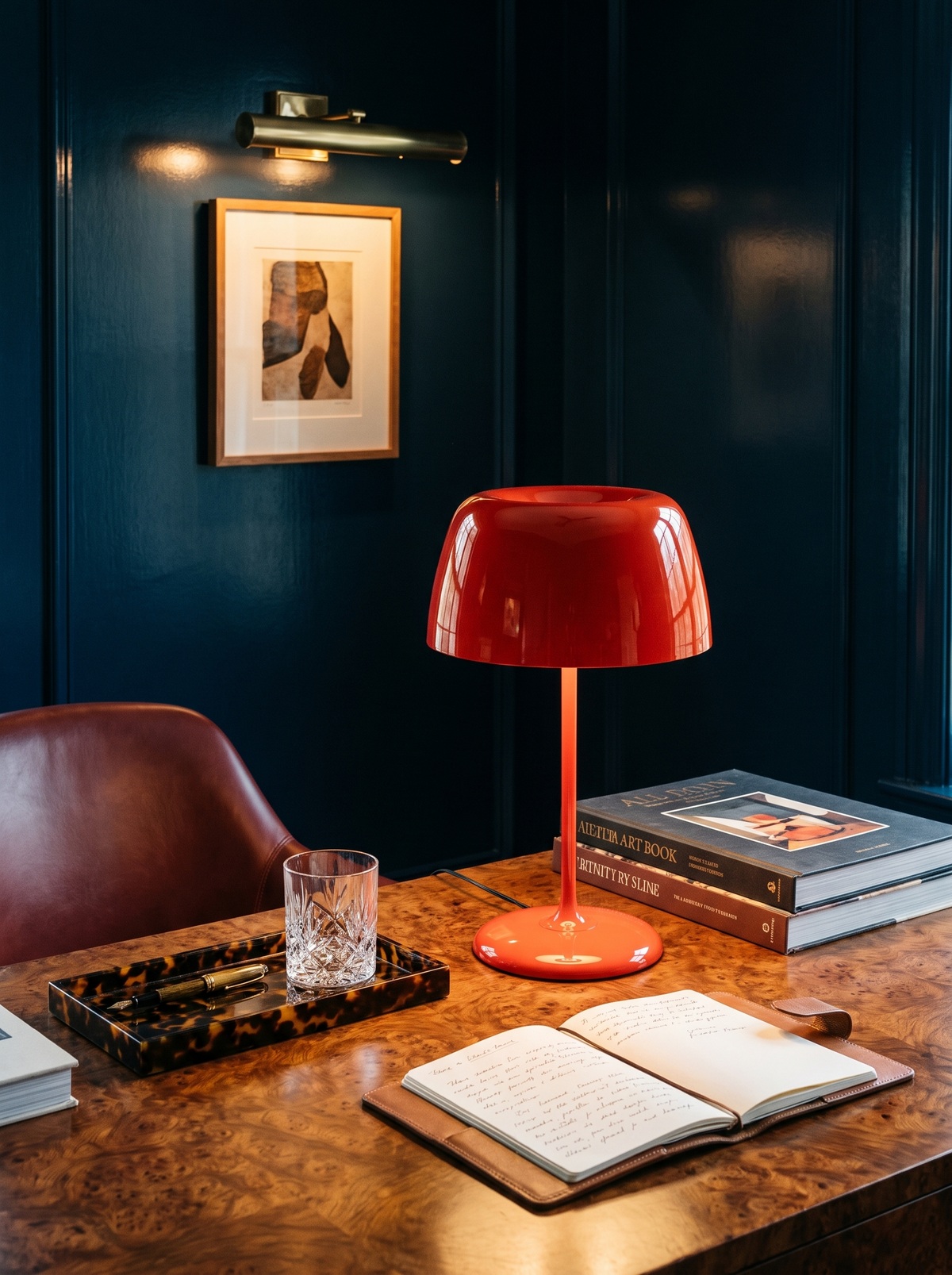 Lifestyle: red Bittel table lamp glowing on a burl-wood desk in an ink-blue study