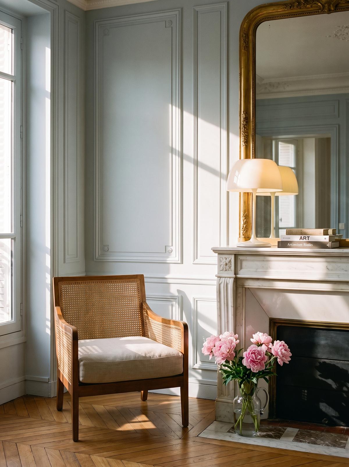 Lifestyle: white Bittel table lamp on a marble mantel in a pale blue Parisian salon, shown to scale