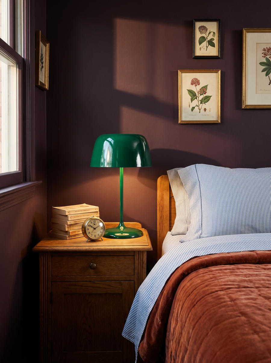 Lifestyle: green Bittel table lamp on an oak nightstand in a plum bedroom with botanical prints