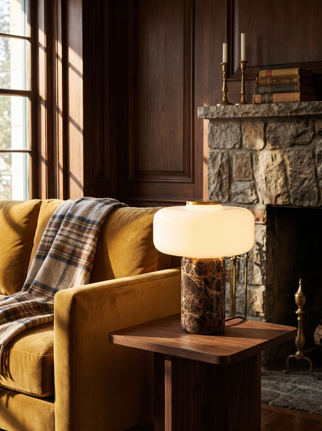 Lifestyle: Dessa marble table lamp on a side table in a walnut-panelled den