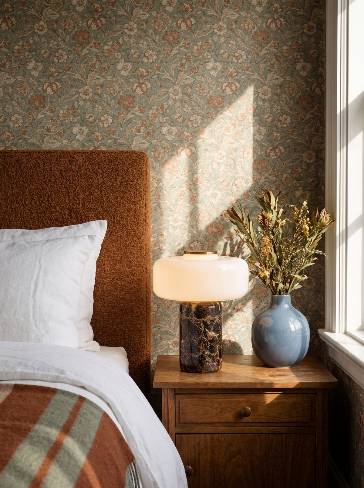 Lifestyle: Dessa marble table lamp on a nightstand with floral wallpaper showing its size