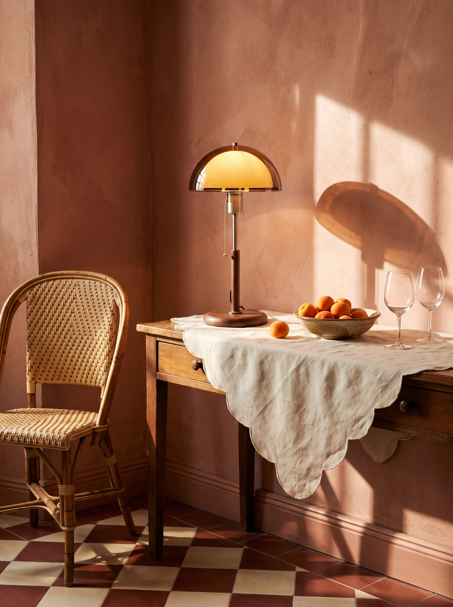 Lifestyle: Cosima lamp glowing on a console in a pink plaster dining room
