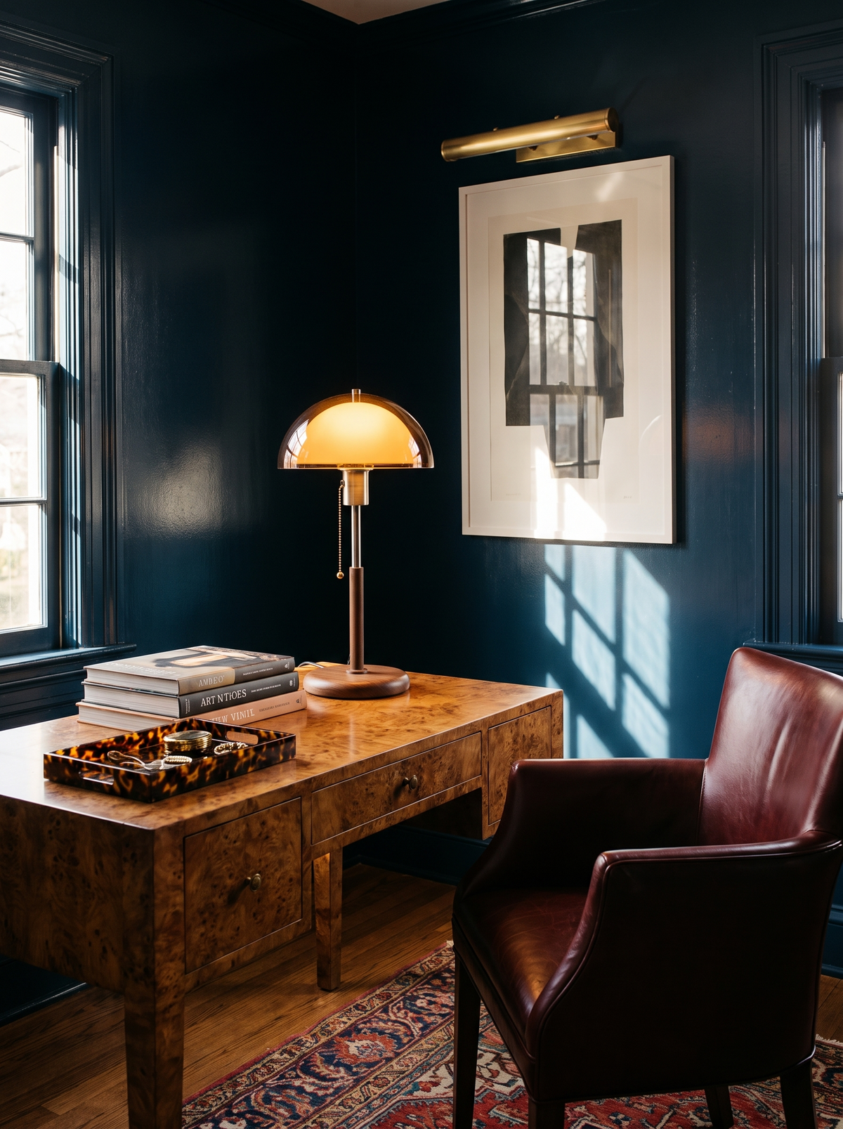 Lifestyle: Cosima lamp glowing on a burl-wood desk in an ink-blue study