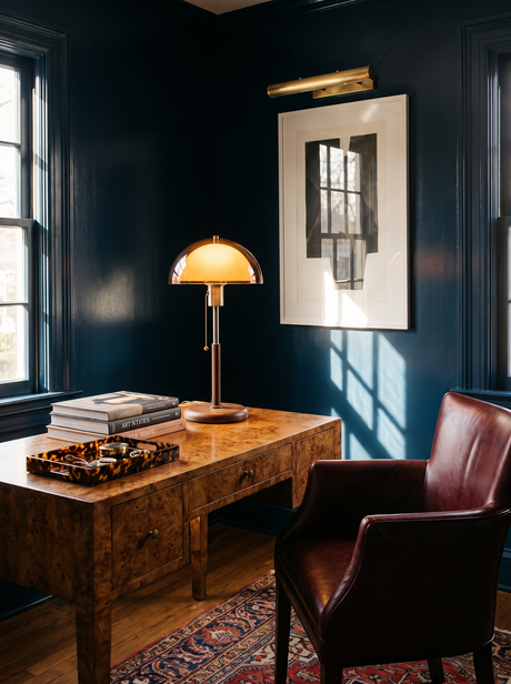 Lifestyle: Cosima lamp glowing on a burl-wood desk in an ink-blue study