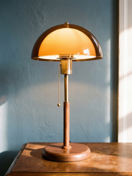 Lifestyle: Cosima table lamp, amber glass dome, brass collar and walnut base detail