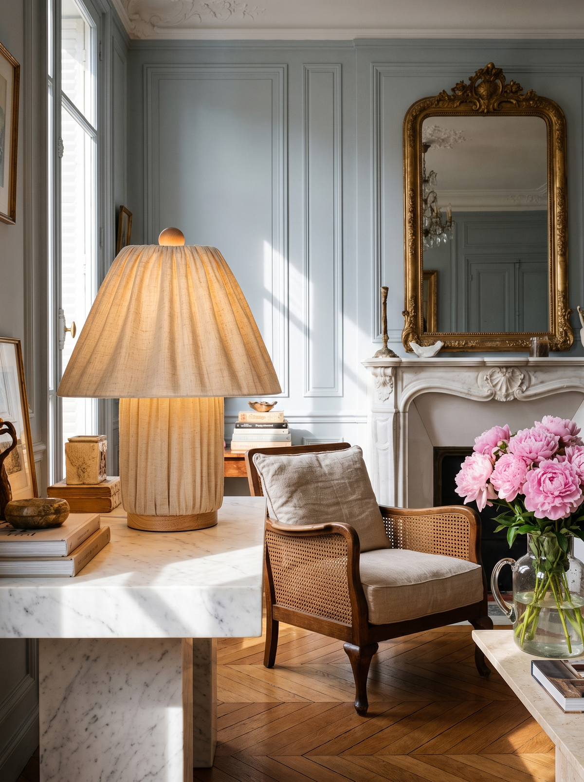 Lifestyle: Esme pleated linen table lamp on a marble console in a French salon