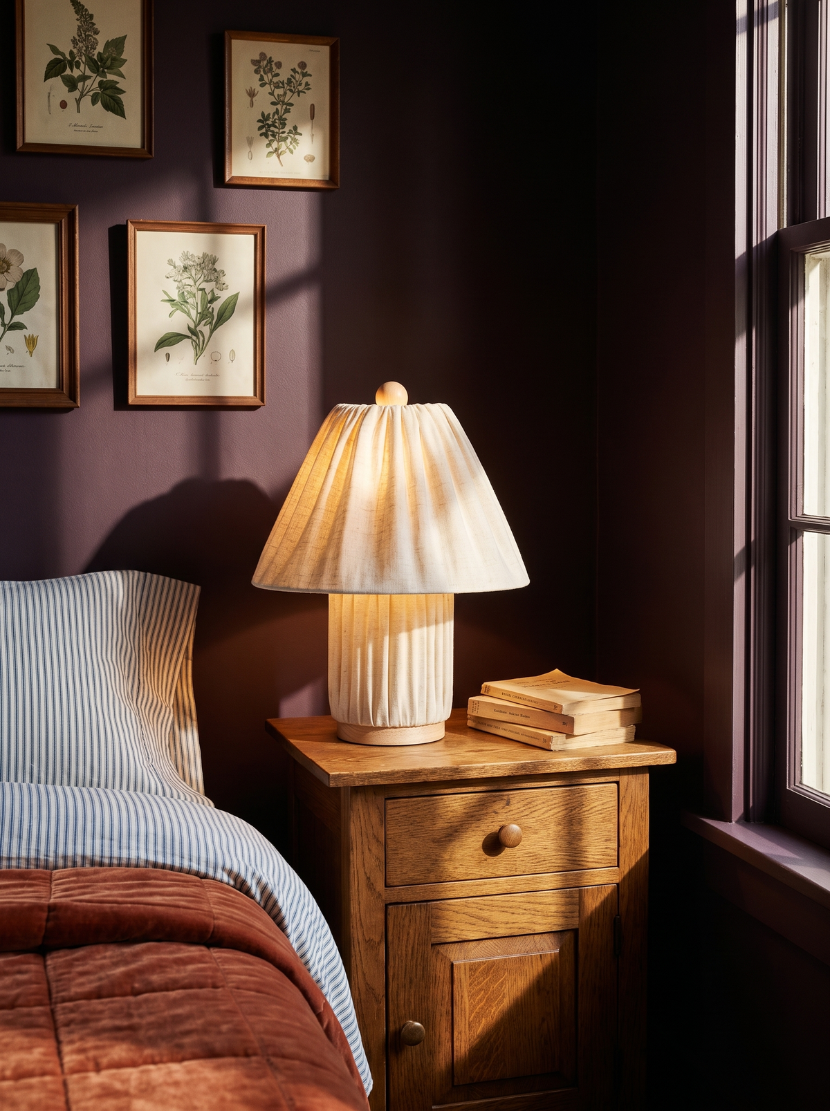 Lifestyle: Esme linen table lamp on a nightstand in a plum bedroom