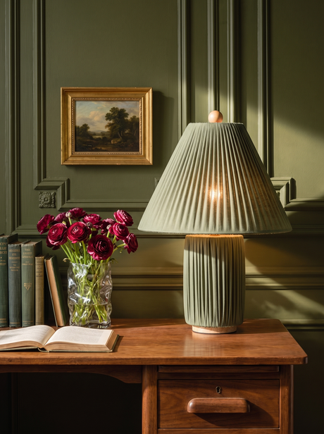 Lifestyle: Esme dark green table lamp on a desk in an olive library