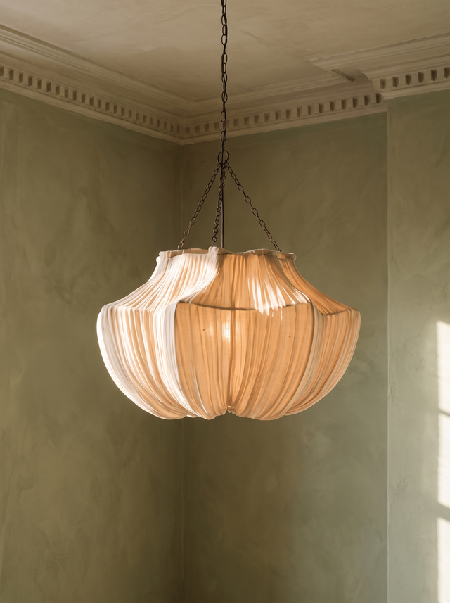 Nessa pleated fabric chandelier hanging in a plaster-moulded corner
