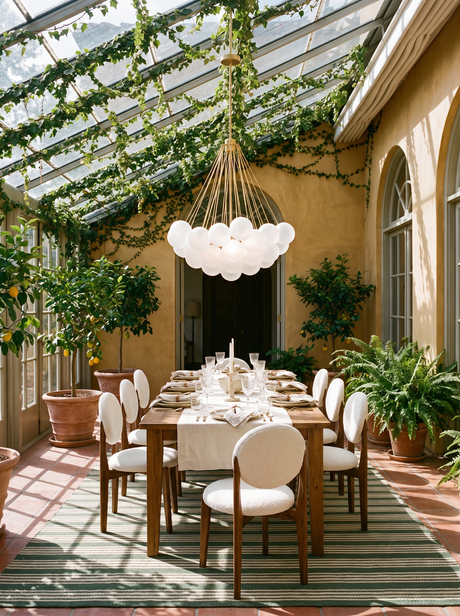 Lifestyle: Perle chandelier over a long table in an ivy-covered glass conservatory, showing its size