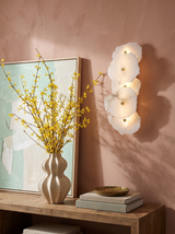 Lifestyle: Seren alabaster sconce above a console on a dusty-pink plaster wall