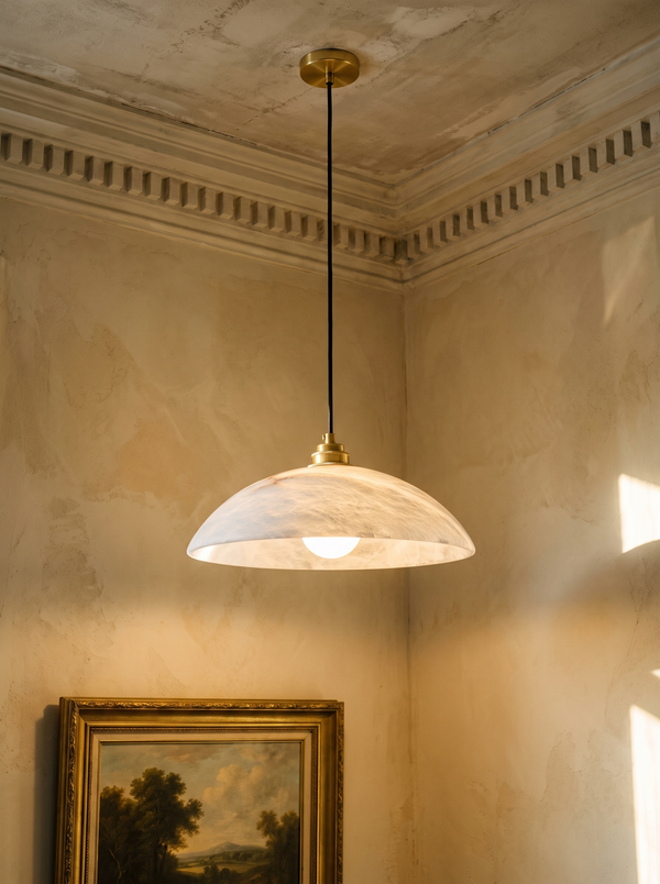 Cala alabaster dome pendant light with brass cap in a plaster-moulded corner