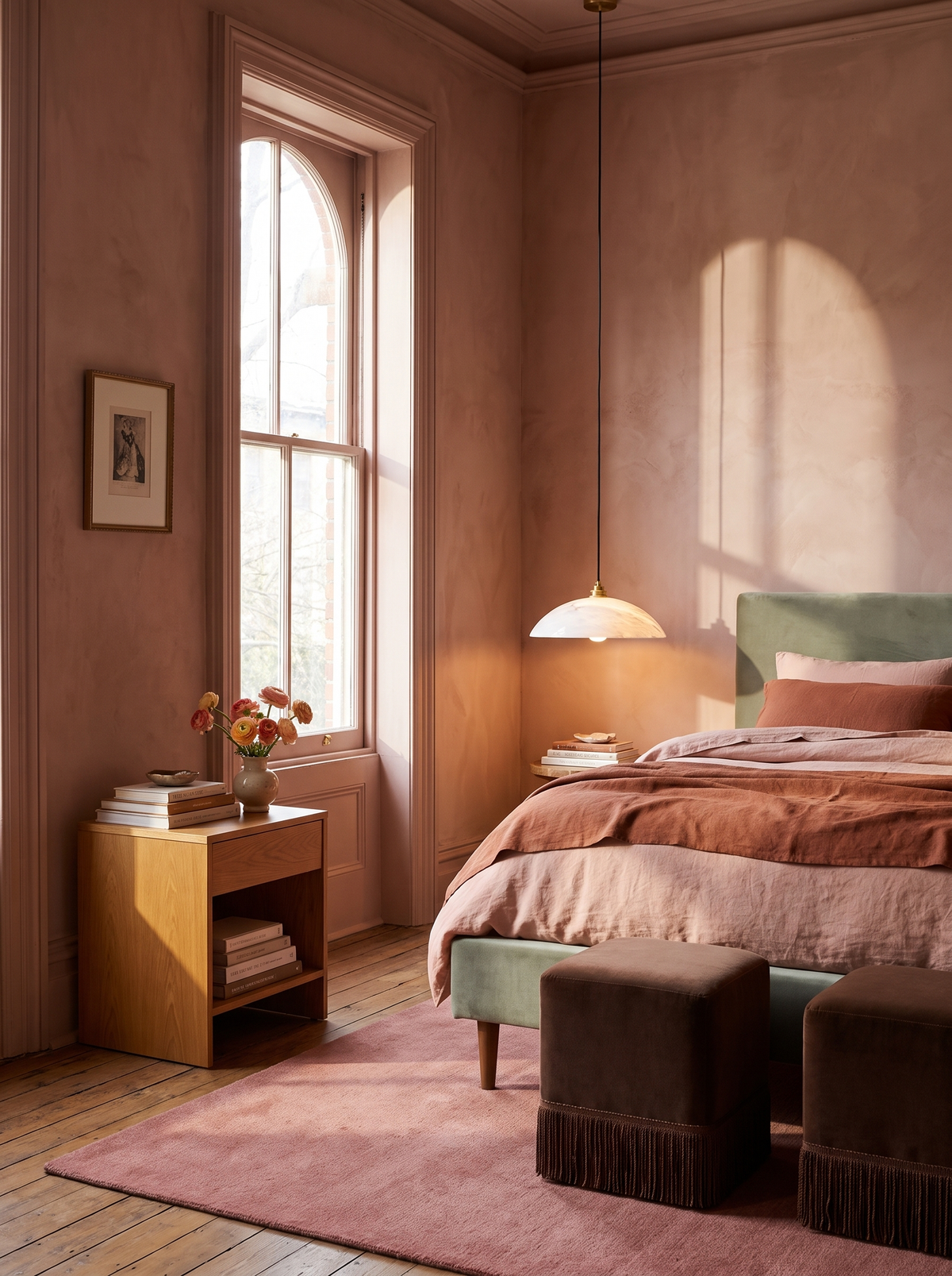 Lifestyle: Cala alabaster pendant beside a bed in a terracotta-pink bedroom