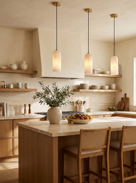 Lifestyle: three Sola alabaster pendants over a travertine kitchen island