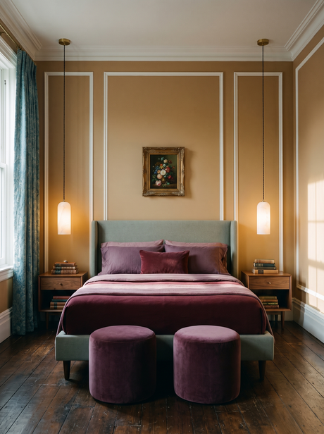 Lifestyle: a pair of Sola alabaster pendants beside a bed in a camel-panelled bedroom, showing their size