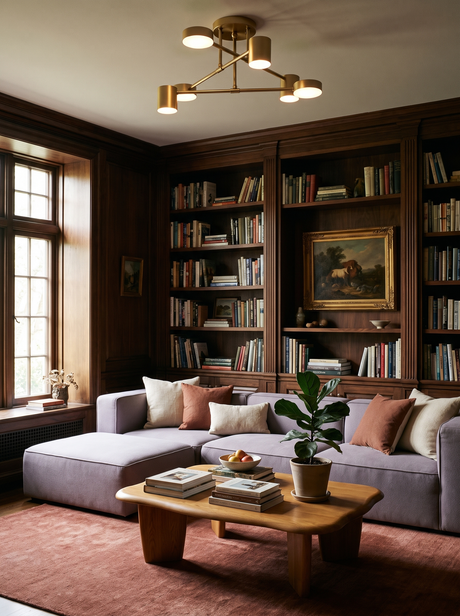 Lifestyle: Lys gold sputnik ceiling light in a walnut-panelled library