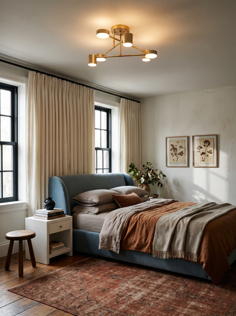 Lifestyle: Lys sputnik ceiling light in a bedroom with a dusty-blue bed, showing its size