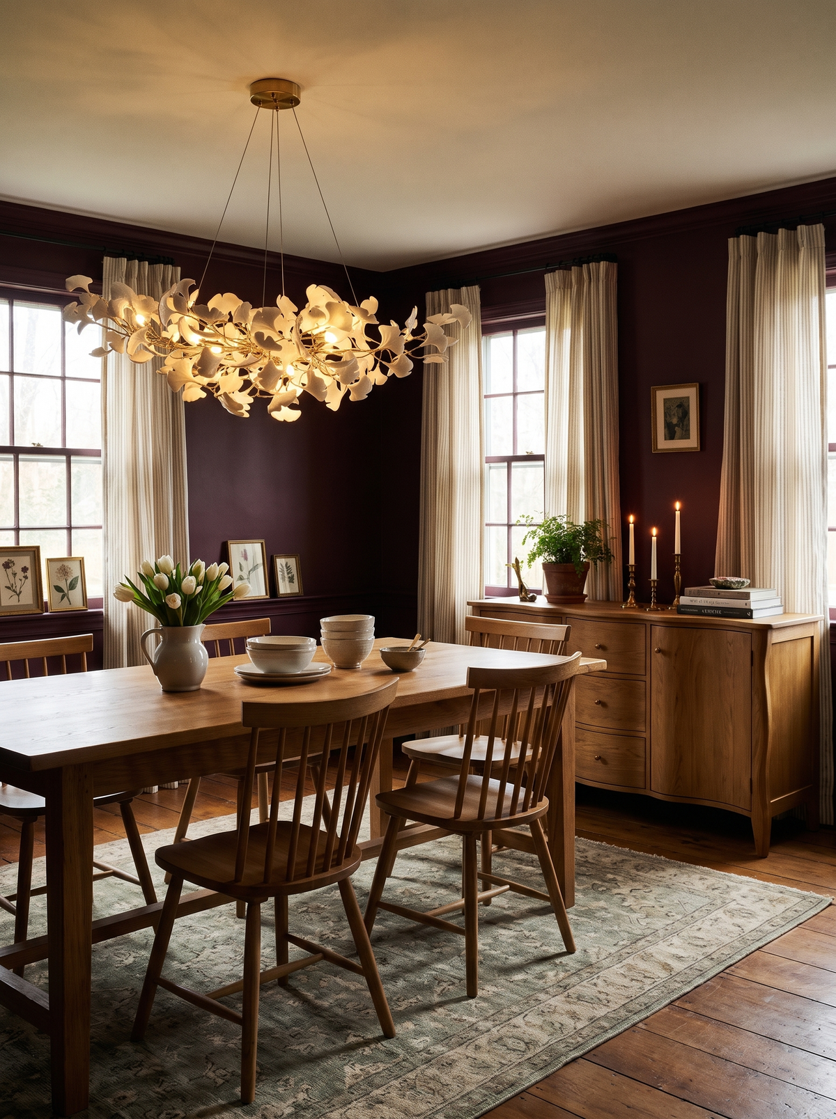Lifestyle: Ginevra ginkgo chandelier over a farmhouse table in a mulberry dining room