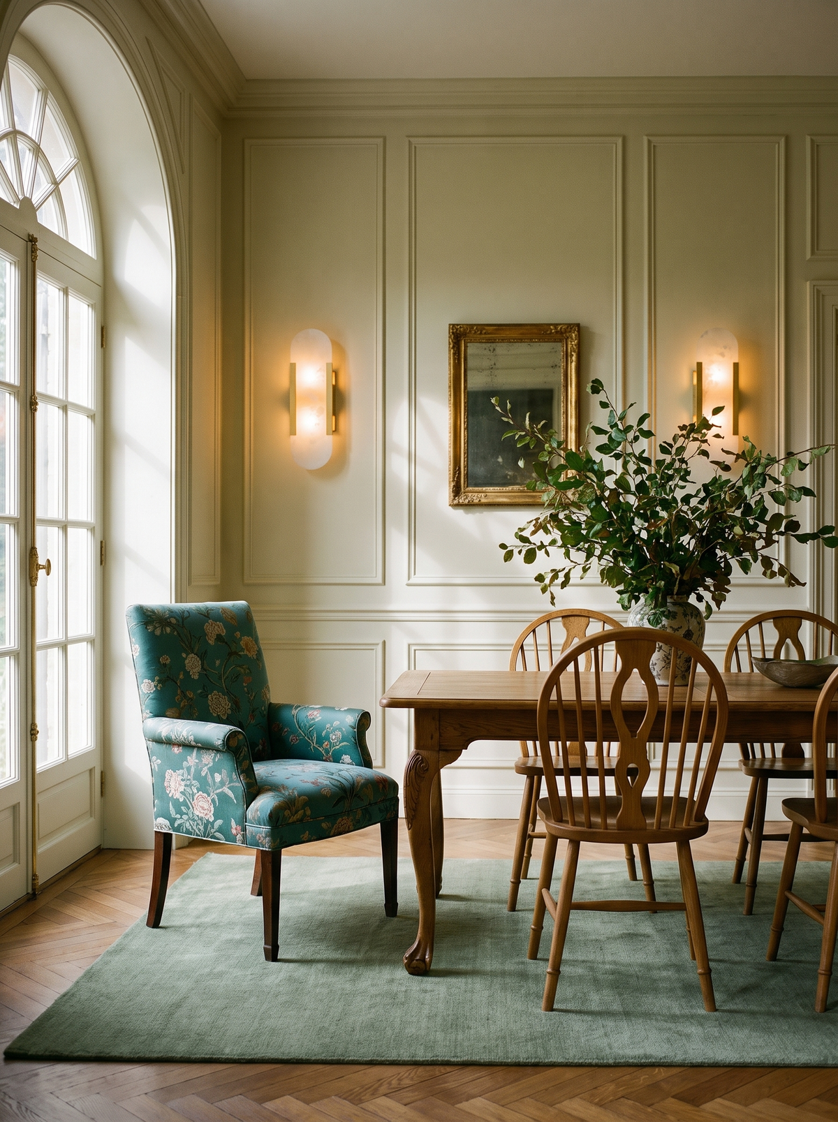 Lifestyle: a pair of Romy alabaster sconces flanking a gilt mirror in a celadon panelled dining room