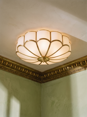 Marguerite frosted glass flower flush mount ceiling light in brass in a plaster-moulded corner