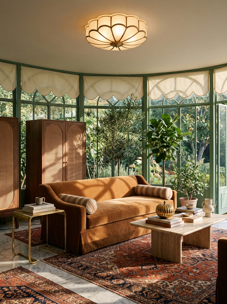 Lifestyle: Marguerite flower ceiling light in a green steel-framed conservatory sitting room
