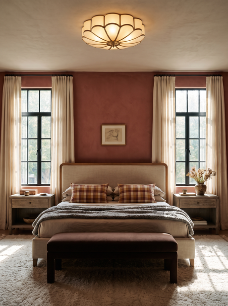 Lifestyle: Marguerite flower ceiling light in a terracotta-rose bedroom