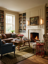 Lifestyle: a pair of Clio alabaster sconces beside a lit fireplace in a panelled library