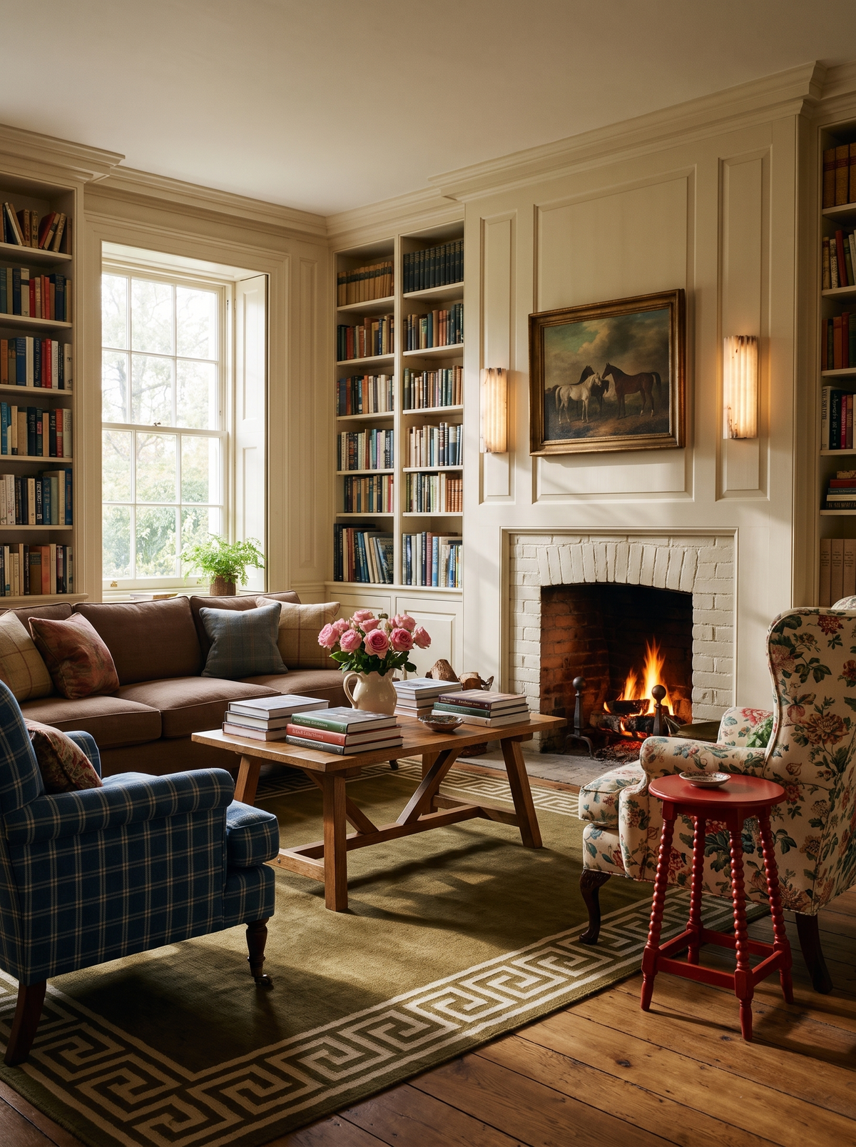 Lifestyle: a pair of Clio alabaster sconces beside a lit fireplace in a panelled library