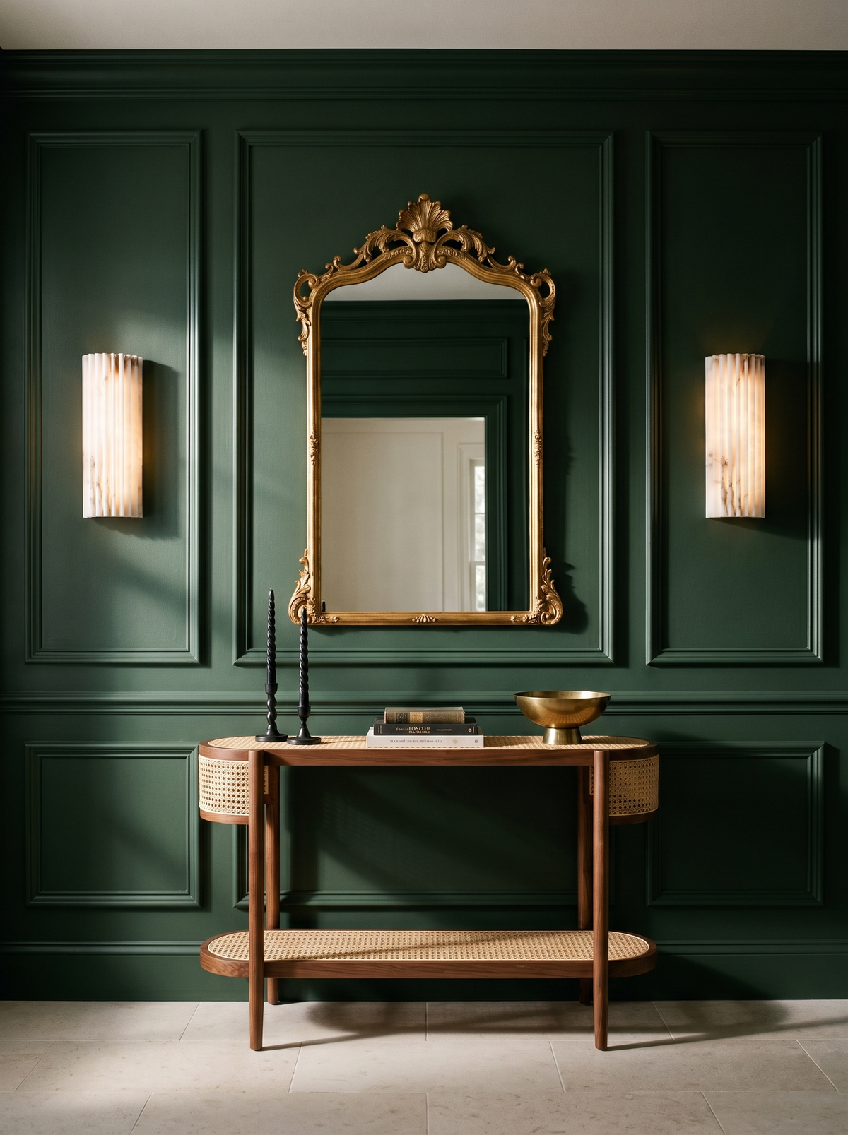 Lifestyle: Clio alabaster sconces flanking a gilt mirror in a forest-green entry, showing their size