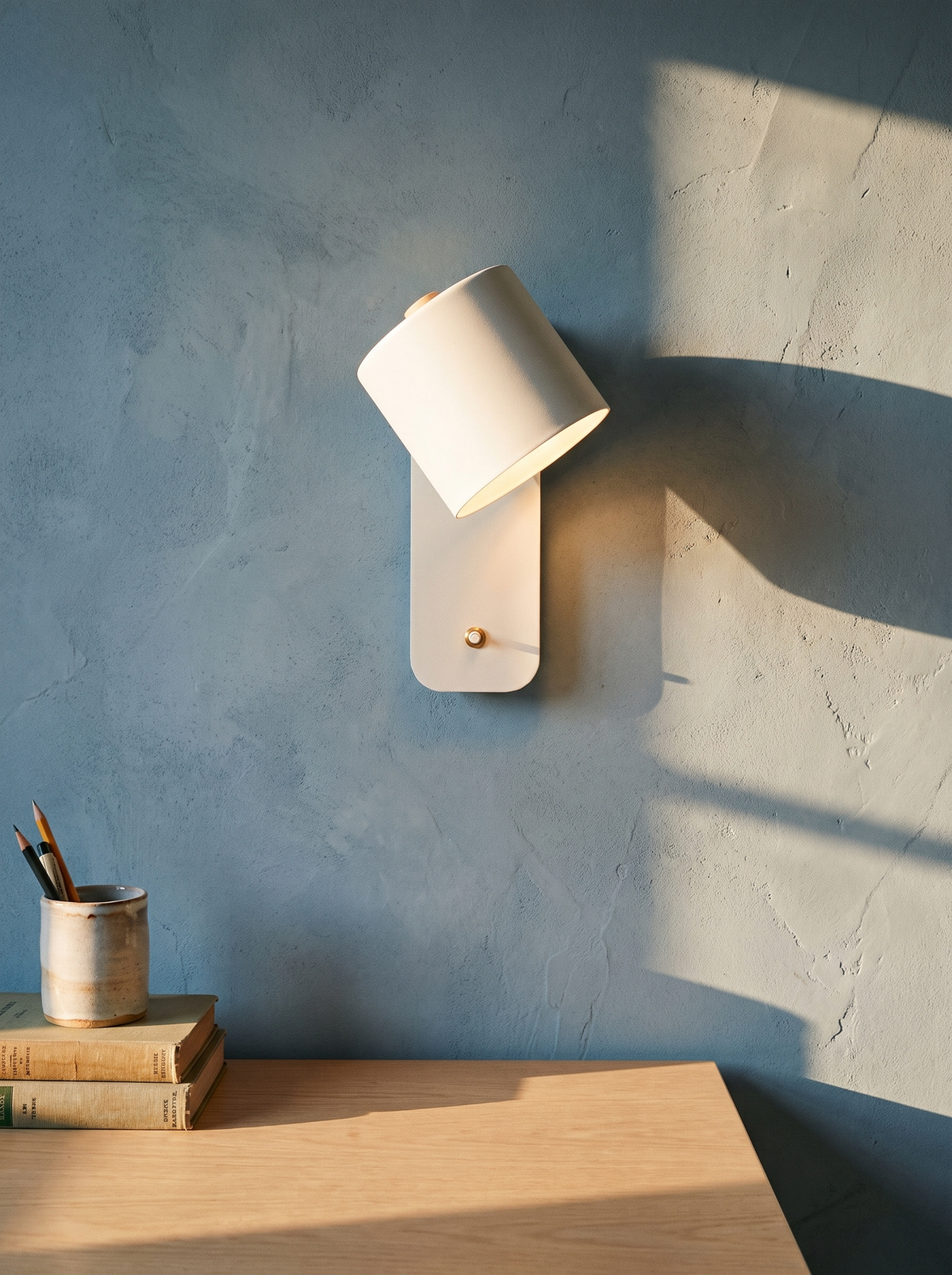 Tate swivel cylinder wall lamp in white on a dusty-blue plaster wall