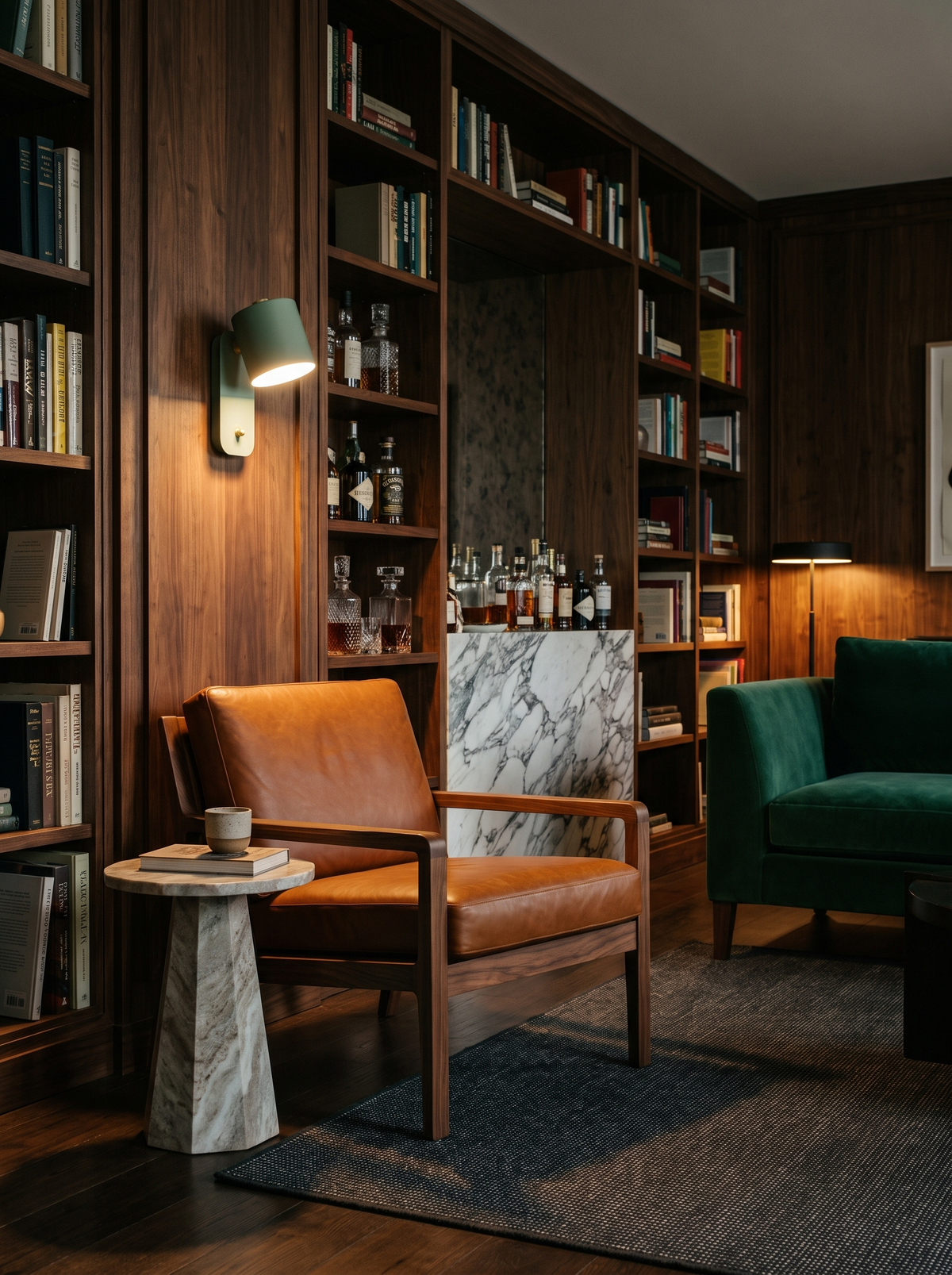 Lifestyle: Tate swivel wall lamp as a reading light over a leather armchair in a walnut library
