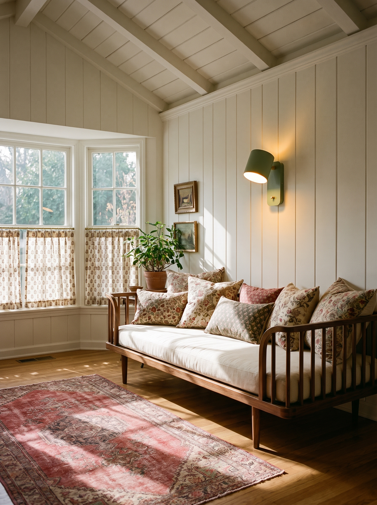 Lifestyle: Tate swivel wall lamp above a daybed in a panelled sunroom