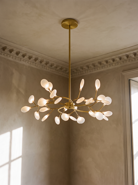 Luce firefly sputnik chandelier in gold hanging in a plaster-moulded corner