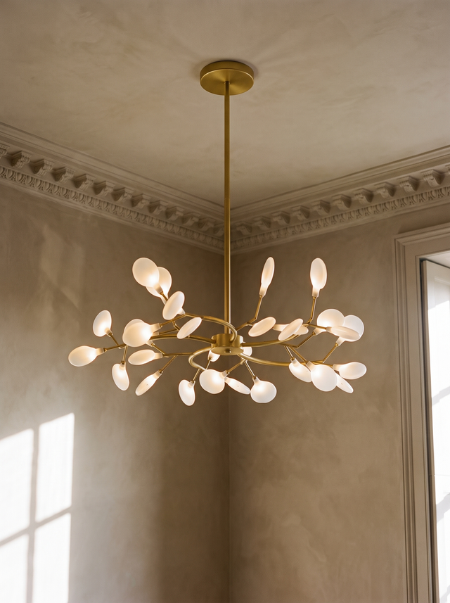 Luce firefly sputnik chandelier in gold hanging in a plaster-moulded corner