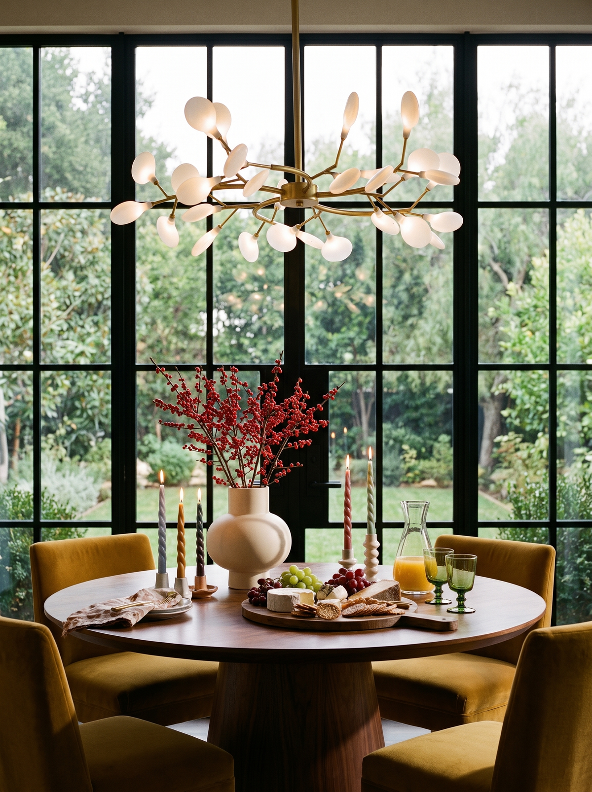 Lifestyle: Luce firefly chandelier over a round walnut table in a garden-view dining room
