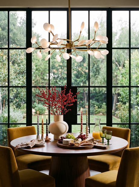 Lifestyle: Luce firefly chandelier over a round walnut table in a garden-view dining room