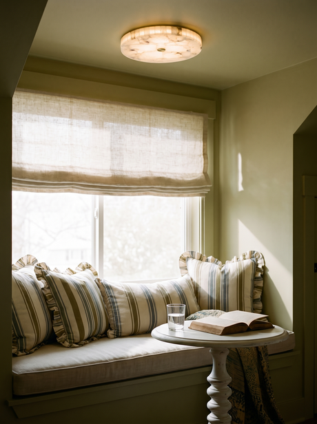 Lifestyle: Opal alabaster ceiling light above a window seat in an olive reading nook