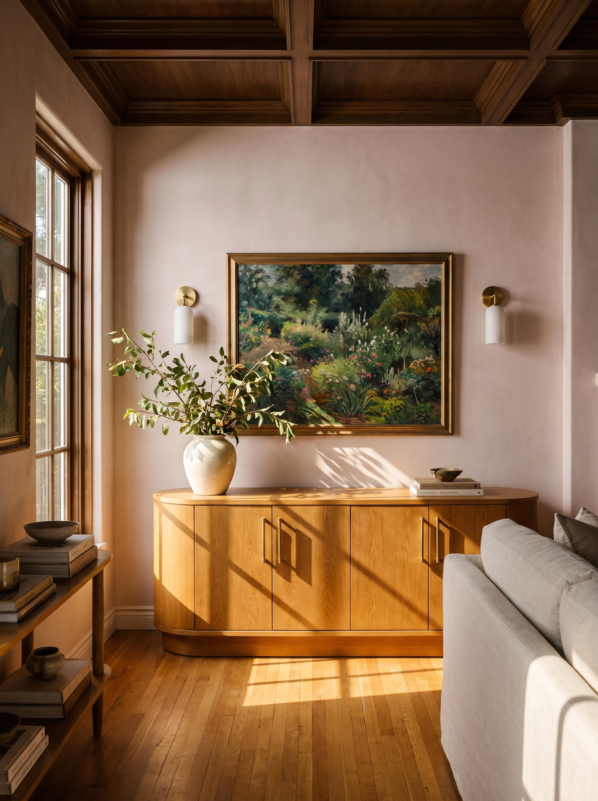 Lifestyle: a pair of Pilar sconces flanking a landscape painting in a blush living room, showing their size