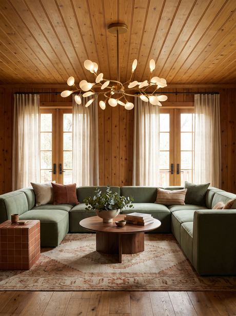 Lifestyle: Luce firefly chandelier over a sage sectional in a pine-panelled den