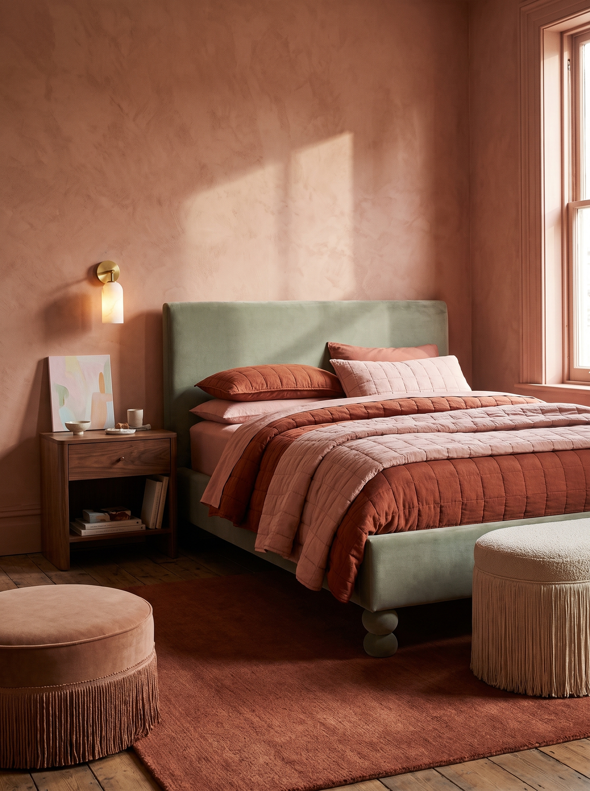 Lifestyle: Pilar alabaster sconce beside a sage velvet bed in a terracotta-pink bedroom