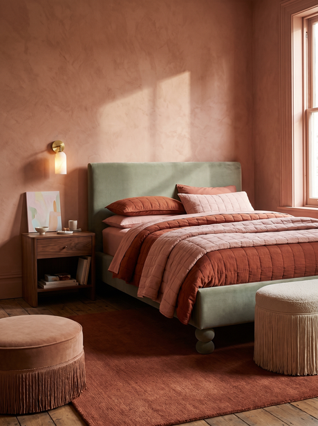 Lifestyle: Pilar alabaster sconce beside a sage velvet bed in a terracotta-pink bedroom