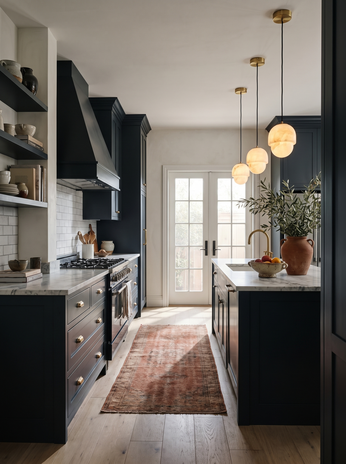 Lifestyle: three Oaklee acorn alabaster pendants over a marble island in a navy galley kitchen