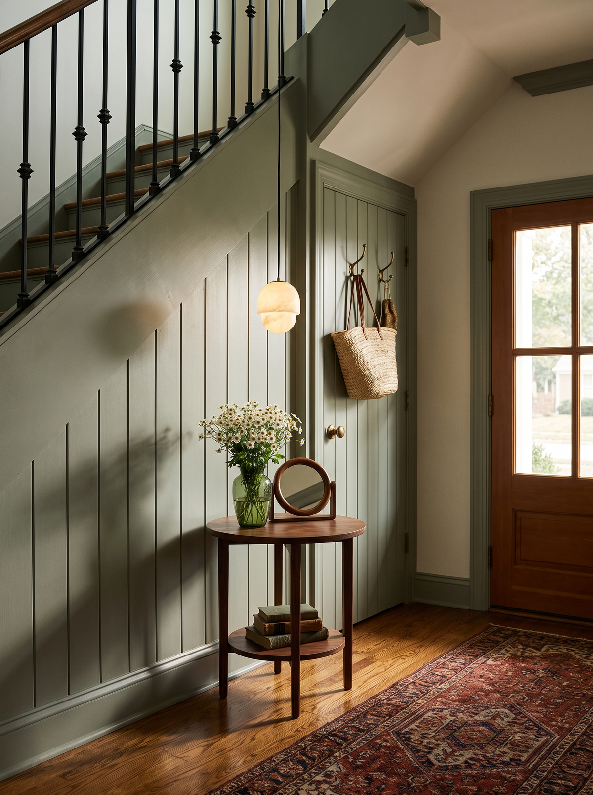 Lifestyle: Oaklee acorn alabaster pendant above a walnut table in a panelled entry, showing its size