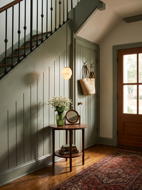 Lifestyle: Oaklee acorn alabaster pendant above a walnut table in a panelled entry, showing its size