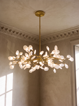 Luce 54-light firefly chandelier in gold hanging in a plaster-moulded corner