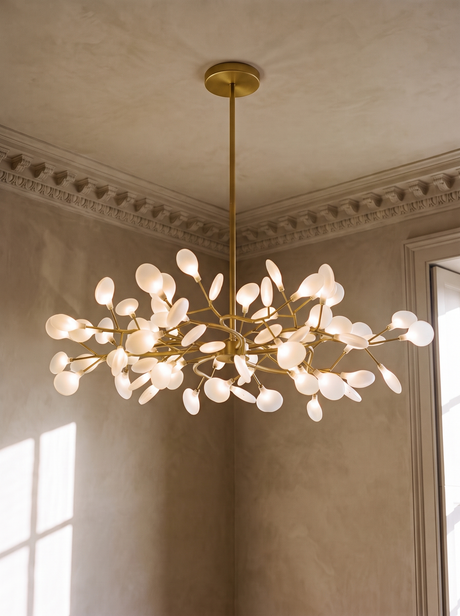 Luce 63-light firefly chandelier in gold hanging in a plaster-moulded corner