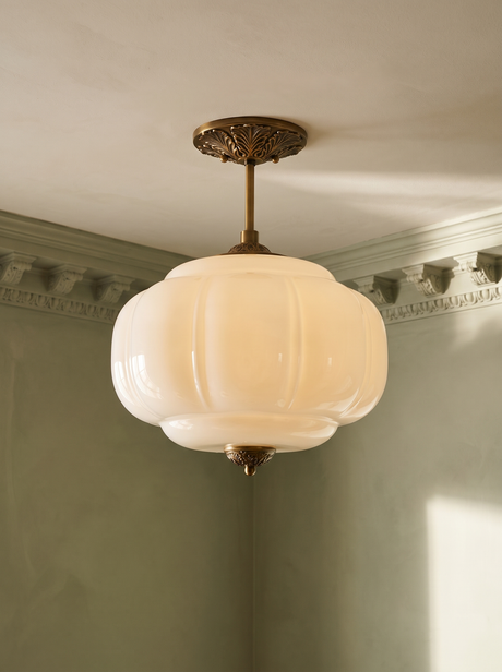 Ivy white glass semi-flush ceiling light in gold hanging in a plaster-moulded corner