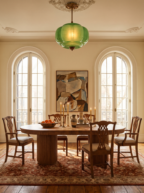Lifestyle: Ivy green glass ceiling light above an oval oak dining table
