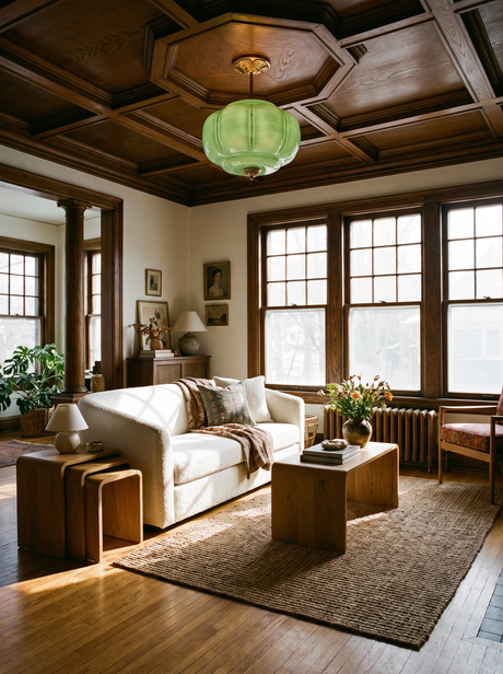 Lifestyle: Ivy green glass ceiling light in an oak-panelled living room, showing its size
